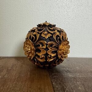 Vintage Style Ornate Gold and Black Floral Scrollwork Decorative Sphere 9683